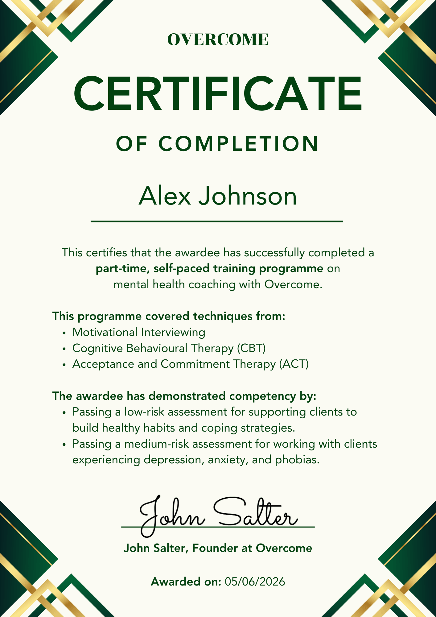 Overcome certificate of completion